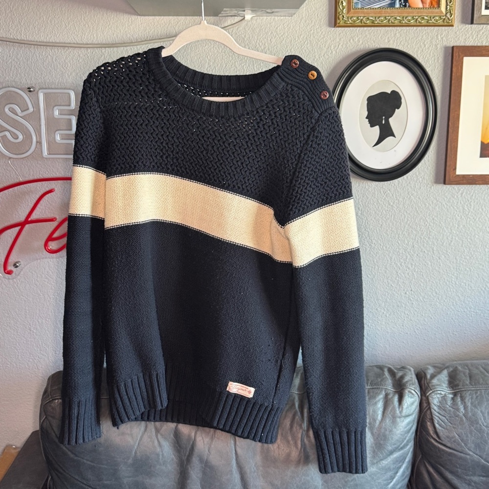 Navy Blue Sweater with Cream Stripe